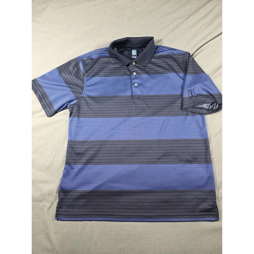 PGA Tour Performance Men's Polo Shirt Large Blue Black Striped Golf‎ Casual